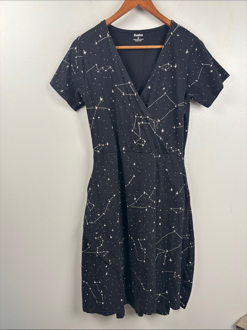 Svaha Black Constellation Wrap-Style Midi Dress sz Medium stars astronomy